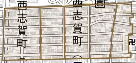 西志賀町とその周辺の地図。町の範囲を重ねている
