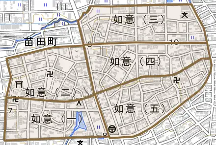 如意とその周辺の地図。町の範囲を重ねている