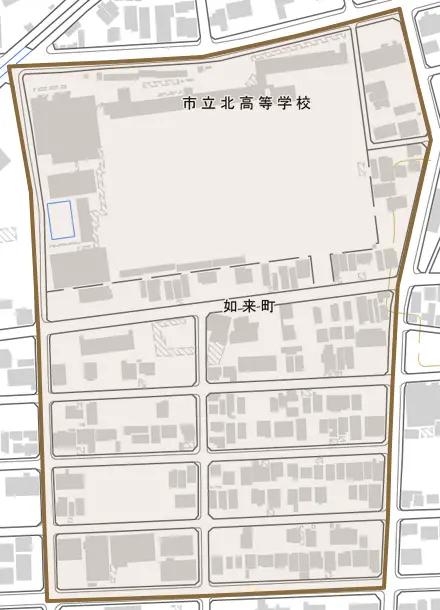 如来町とその周辺の地図。町の範囲を重ねている