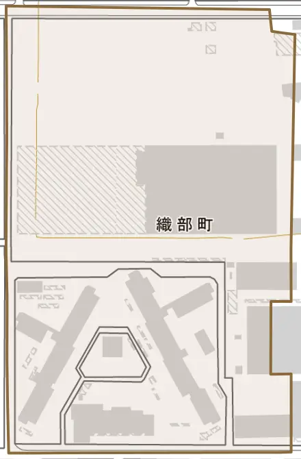織部町とその周辺の地図。町の範囲を重ねている