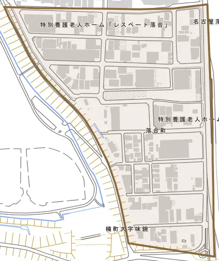 落合町とその周辺の地図。町の範囲を重ねている
