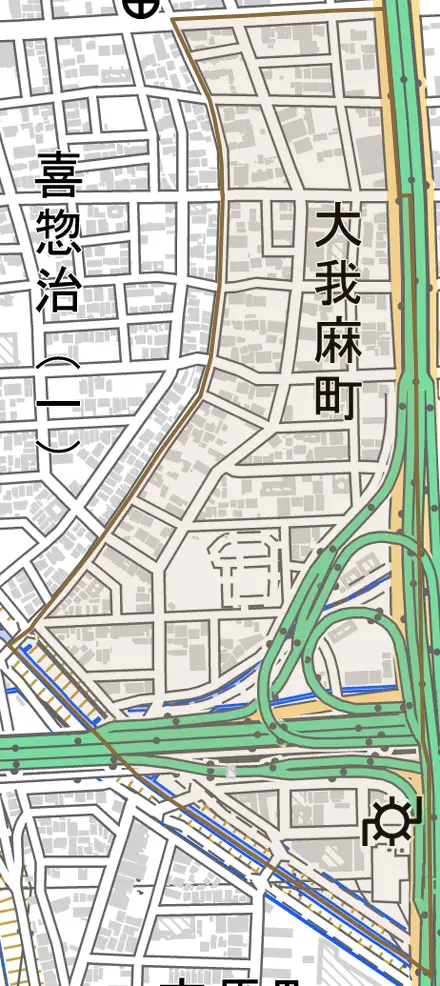 大我麻町とその周辺の地図。町の範囲を重ねている
