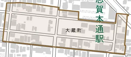大蔵町とその周辺の地図。町の範囲を重ねている