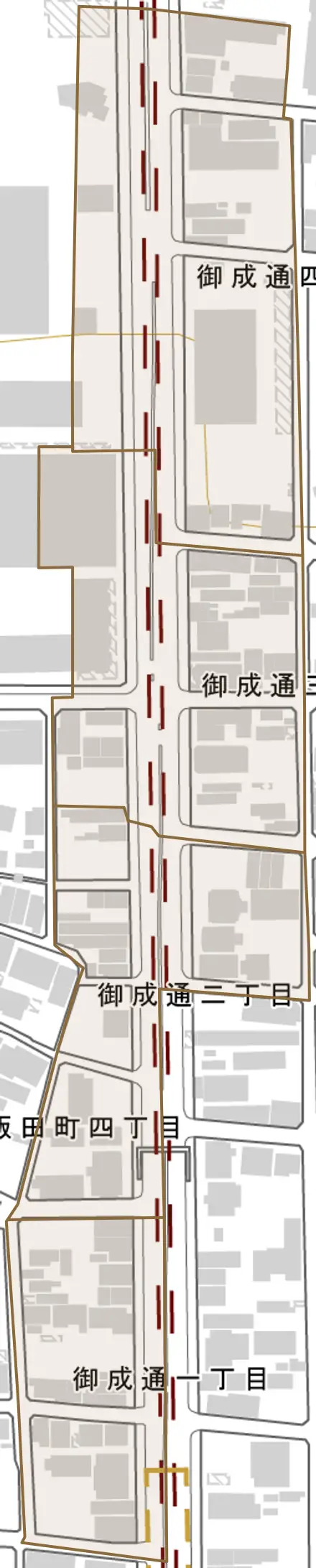 御成通とその周辺の地図。町の範囲を重ねている