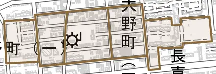 大野町とその周辺の地図。町の範囲を重ねている