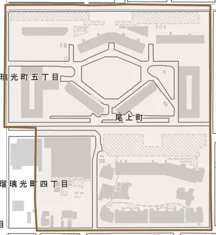 尾上町とその周辺の地図。町の範囲を重ねている