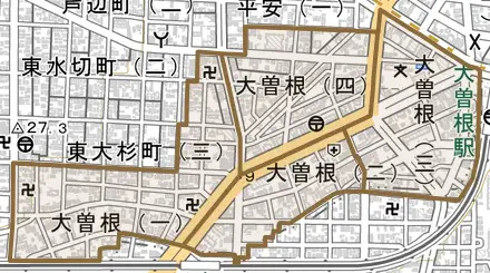 大曽根とその周辺の地図。町の範囲を重ねている