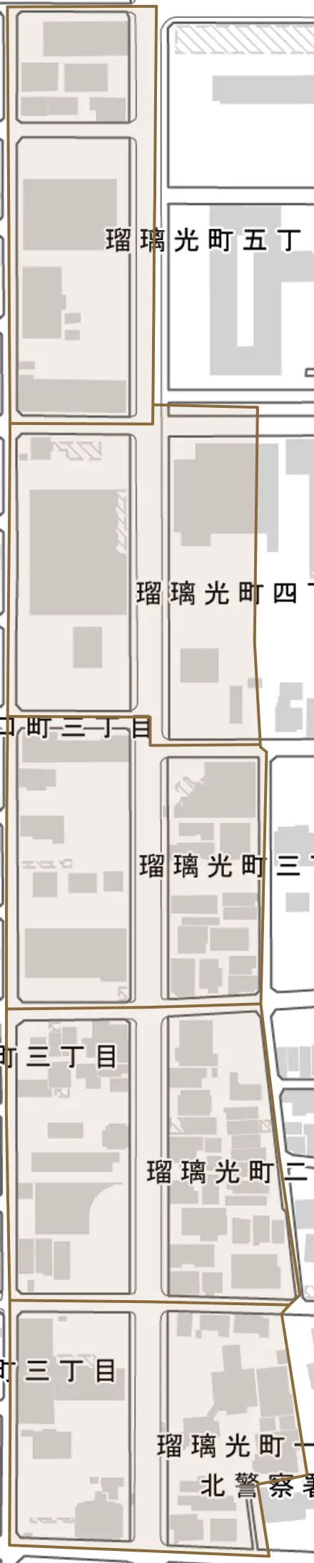 瑠璃光町とその周辺の地図。町の範囲を重ねている