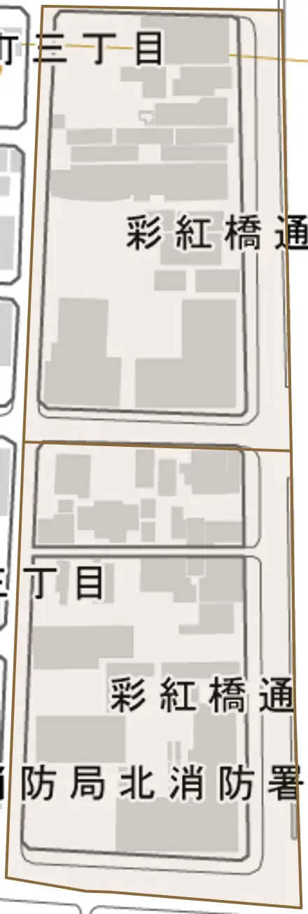 彩紅橋通とその周辺の地図。町の範囲を重ねている