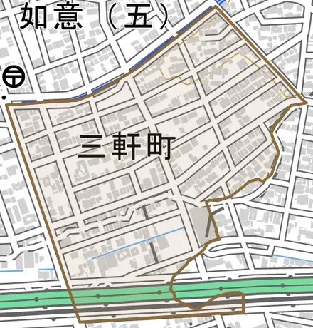 三軒町とその周辺の地図。町の範囲を重ねている