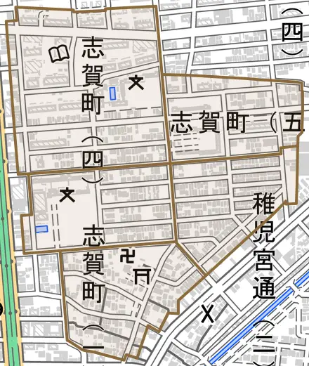 志賀町とその周辺の地図。町の範囲を重ねている