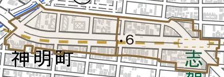 志賀本通とその周辺の地図。町の範囲を重ねている