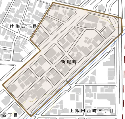 新堀町とその周辺の地図。町の範囲を重ねている