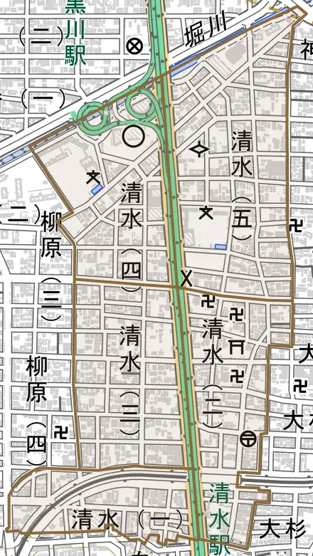 清水とその周辺の地図。町の範囲を重ねている