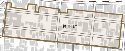 神明町とその周辺の地図。町の範囲を重ねている