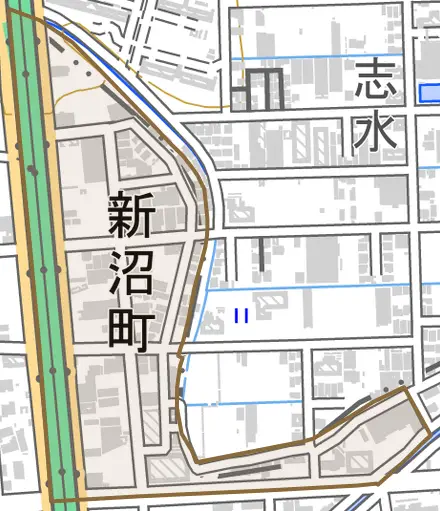 新沼町とその周辺の地図。町の範囲を重ねている