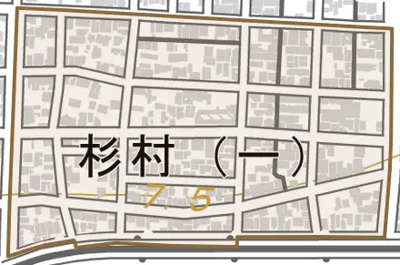 杉村とその周辺の地図。町の範囲を重ねている