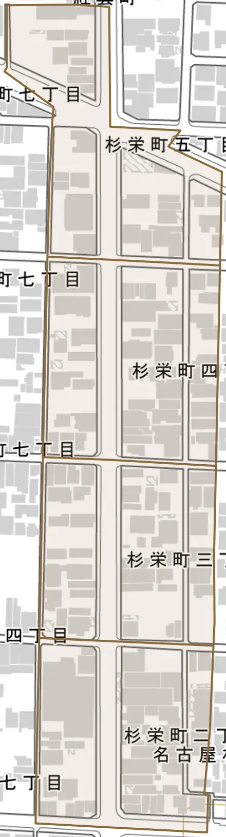 杉栄町とその周辺の地図。町の範囲を重ねている