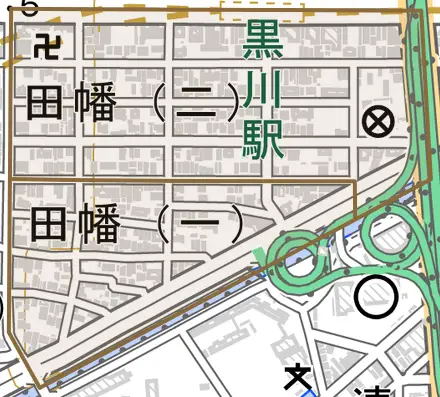 田幡とその周辺の地図。町の範囲を重ねている