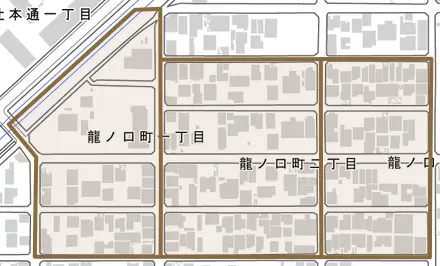 龍ノ口町とその周辺の地図。町の範囲を重ねている