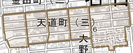 天道町とその周辺の地図。町の範囲を重ねている