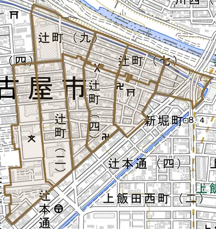 辻町とその周辺の地図。町の範囲を重ねている