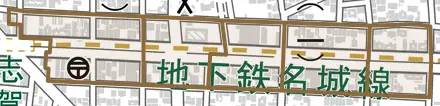 若葉通とその周辺の地図。町の範囲を重ねている