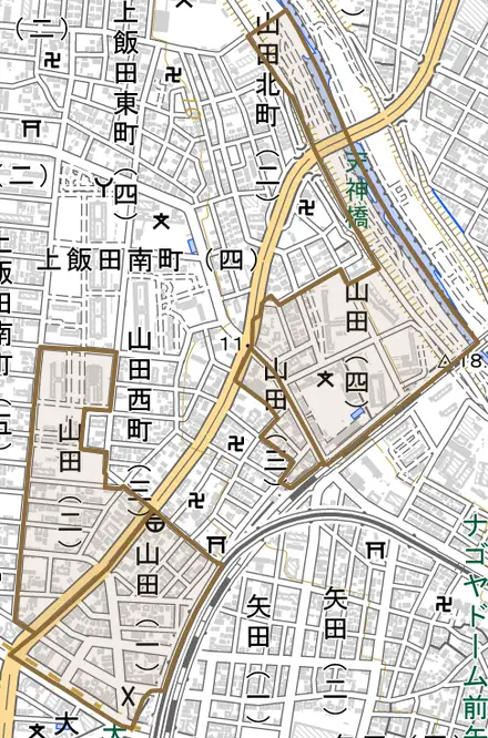 山田とその周辺の地図。町の範囲を重ねている