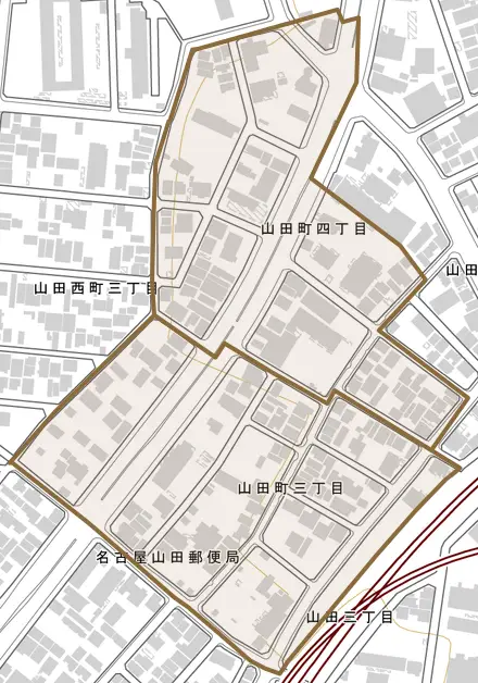 山田町とその周辺の地図。町の範囲を重ねている