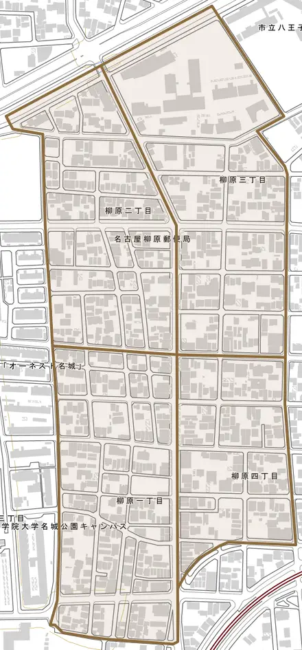 柳原とその周辺の地図。町の範囲を重ねている