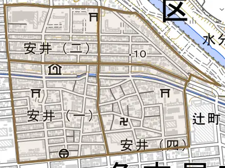 安井とその周辺の地図。町の範囲を重ねている