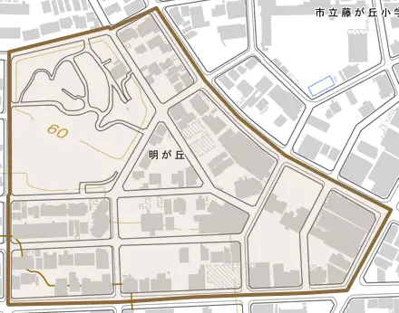 明が丘とその周辺の地図。町の範囲を重ねている