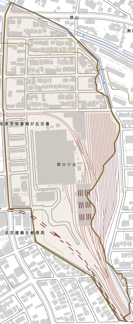 朝日が丘とその周辺の地図。町の範囲を重ねている