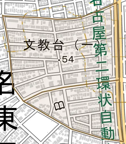 文教台とその周辺の地図。町の範囲を重ねている