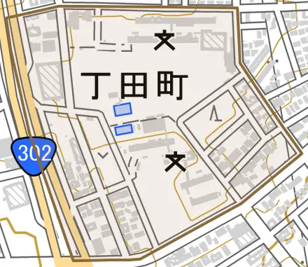 丁田町とその周辺の地図。町の範囲を重ねている