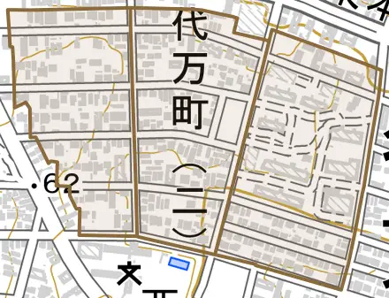 代万町とその周辺の地図。町の範囲を重ねている