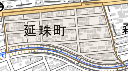 延珠町とその周辺の地図。町の範囲を重ねている