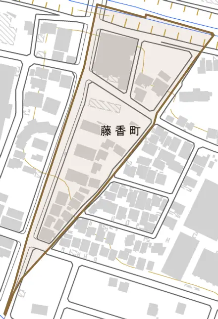 藤香町とその周辺の地図。町の範囲を重ねている