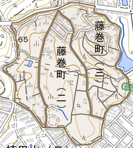 藤巻町とその周辺の地図。町の範囲を重ねている