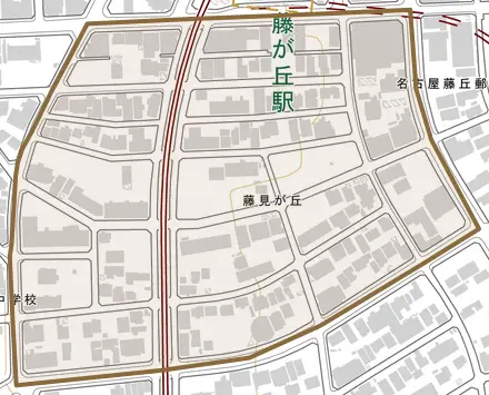 藤見が丘とその周辺の地図。町の範囲を重ねている