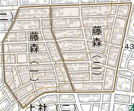 藤森とその周辺の地図。町の範囲を重ねている