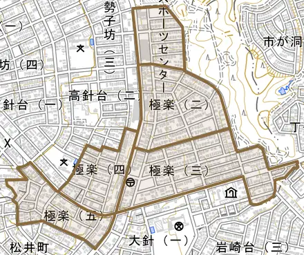 極楽とその周辺の地図。町の範囲を重ねている