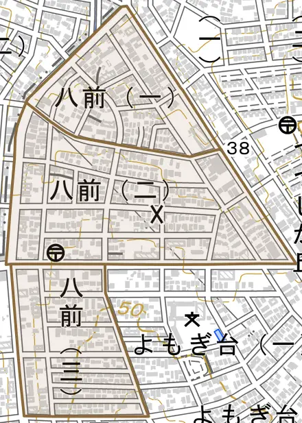 八前とその周辺の地図。町の範囲を重ねている