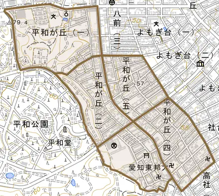 平和が丘とその周辺の地図。町の範囲を重ねている