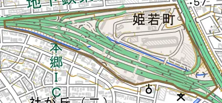 姫若町とその周辺の地図。町の範囲を重ねている