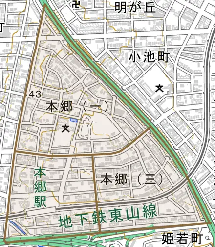 本郷とその周辺の地図。町の範囲を重ねている