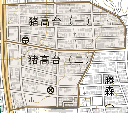 猪高台とその周辺の地図。町の範囲を重ねている