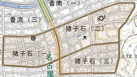 猪子石とその周辺の地図。町の範囲を重ねている