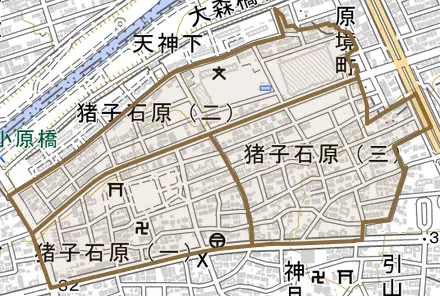 猪子石原とその周辺の地図。町の範囲を重ねている