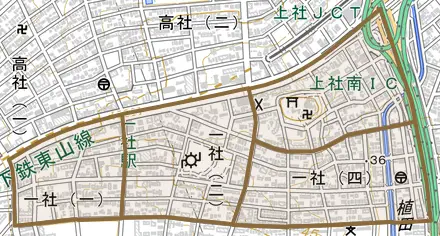 一社とその周辺の地図。町の範囲を重ねている